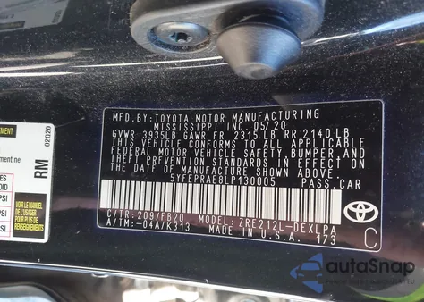 2020 Toyota Corolla Le z USA, uszkodzony, nr VIN 5YFEPRAE8LP130005